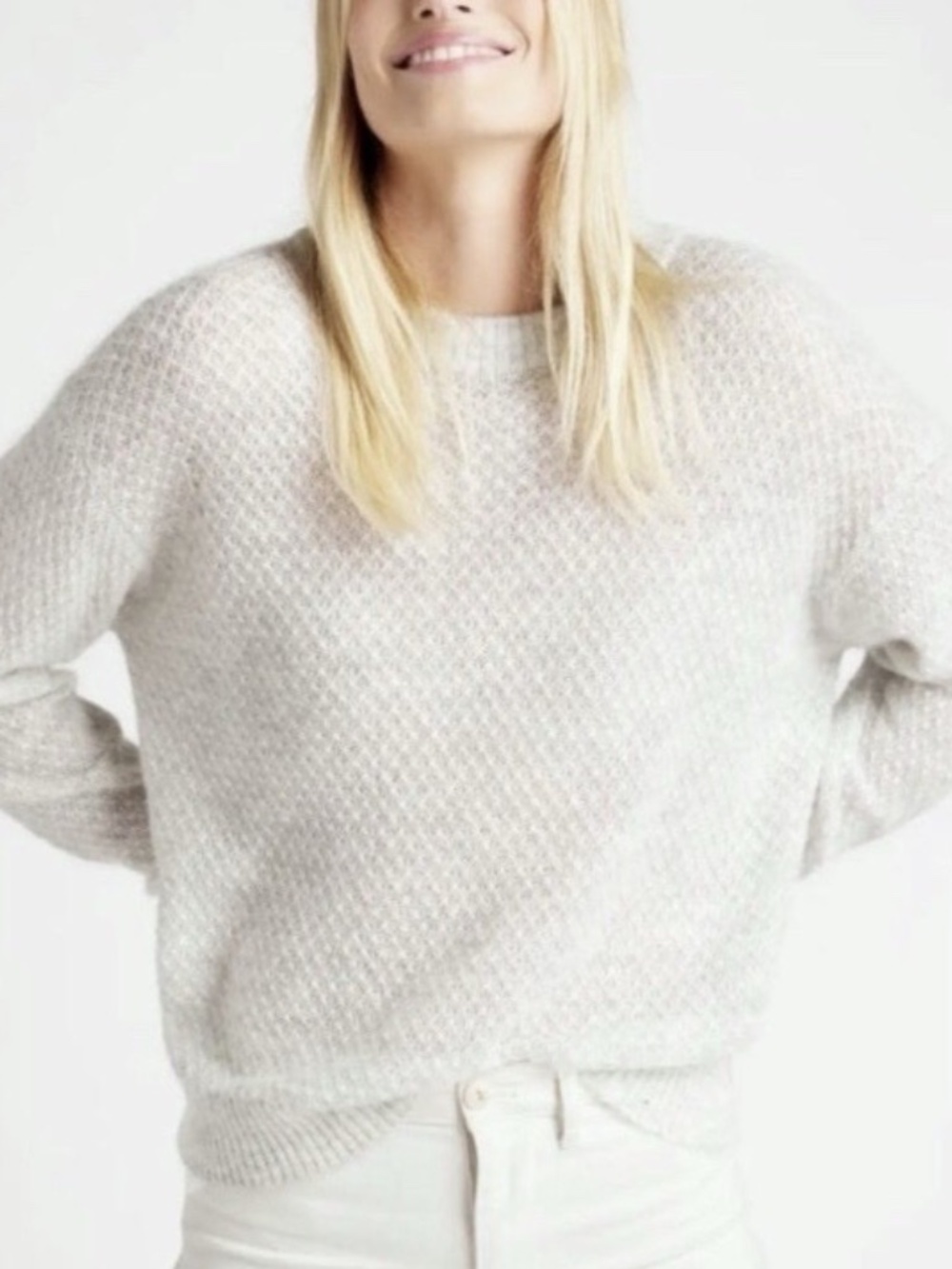 Quince Baby Alpaca Wool Diamond Stitch Crew Neck Sweater Light Gray Size L